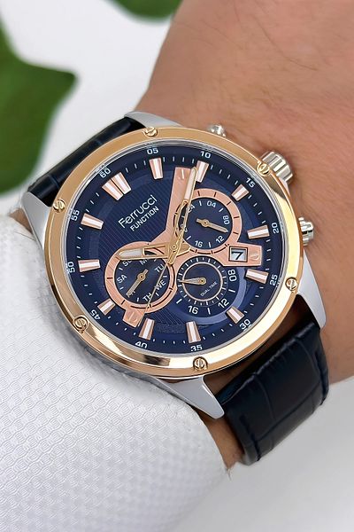 Ferrucci Leather Cord Men's Wristwatch 3 Atm Bracelet Navy Blue-Rose Zmfer165
