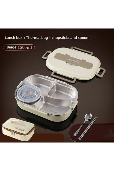 Choice 1500ml Beige 304 Stainless Steel Compartment Insulated Lunch Box Office Worker Students Sealed Porta