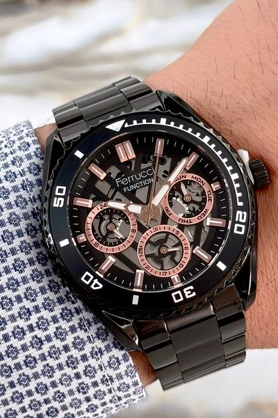 Ferrucci Function 3 Atm Black Color Steel Strap & Case Men's Wristwatch Bracelet Zmfer094