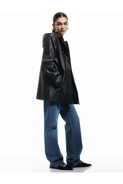 Koton Hooded Faux Leather Raincoat with Binding Detail and Zippered Pockets