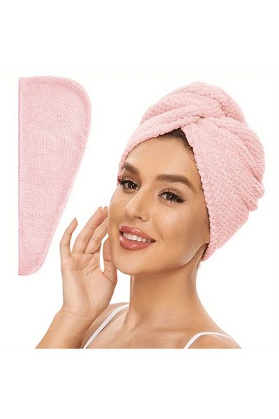 Choice Pink Solid Color Hair Towel Textured Dry Hair Cap 9.8 "X 25.5" Absorbent Hair Towel Wrap for Button-