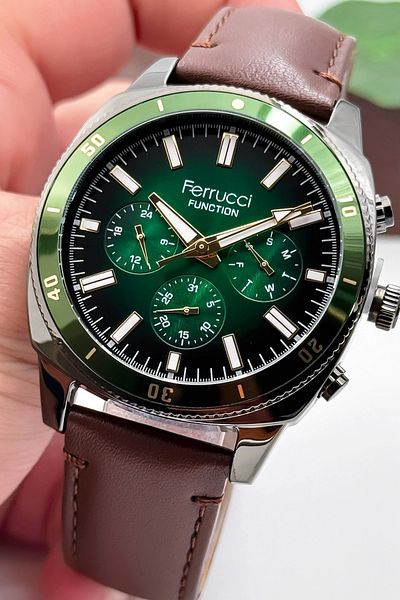 Ferrucci Funcion Men's Wristwatch Bracelet with Brown Leather Cord