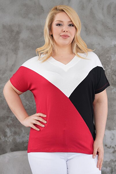 Siyezen Plus Size V-Neck Block Crossing Blouse