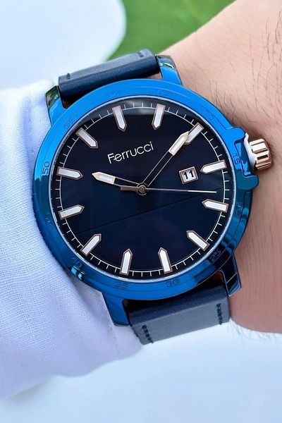 Ferrucci Leather Band Calendar Men's Wristwatch with Bracelet Gift