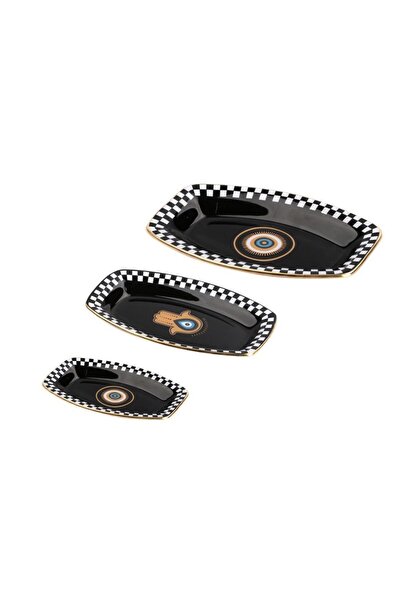 Glore Nazar Siyah Oval 3'lü Kayık Tabak 28cm