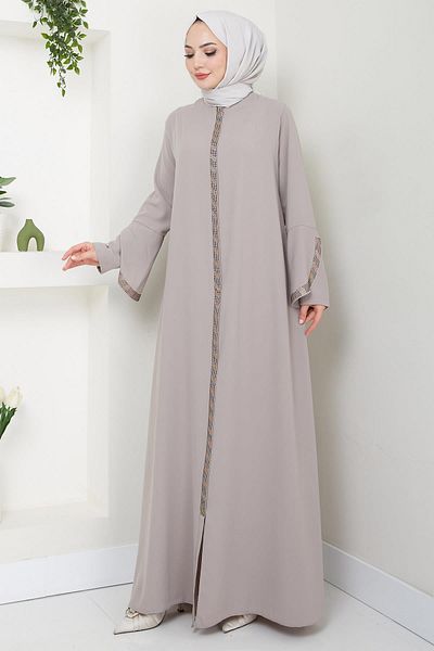 hafsamina Μπεζ Plus Size Ferace - Stone Detailed HM2030