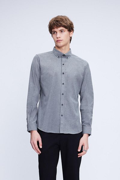 Hatemoğlu Γκρι Slim Fit Βαμβακερό πουκάμισο με μακρυμάνικο γιακά με κουμπιά