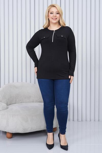 Siyezen Plus Size Pocket Zipper Detail Blouse