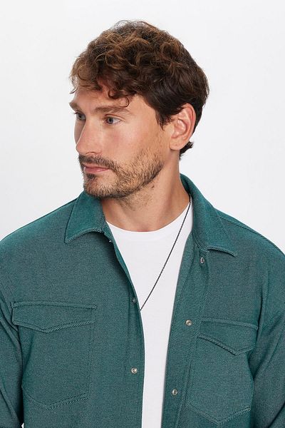 Tudors Men's Relax Fit Relaxed Cut Double Pocket Knitted Green Apache Collar Shirt