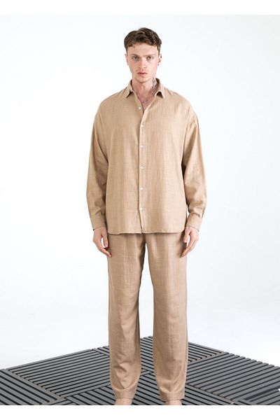 EGHO Men's Cotton Linen Blended Long Sleeve Shirt Pants Set