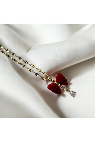 Çelik Çelik kırmızı fiyonk kolye