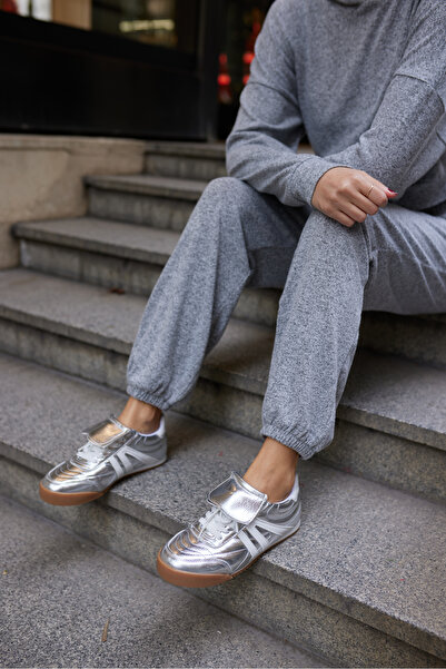 ANGELİNA JONES Eduard Women's Silver Sticked Lace-Up Sneaker