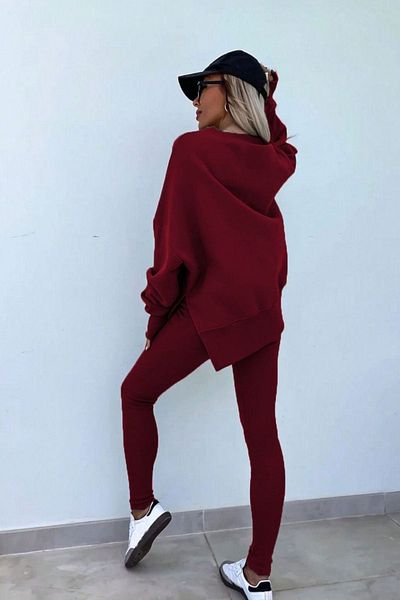 Know Set de pantaloni de trening pentru damă, roșu Claret, cu decolteu rotund, cu pantaloni de trening