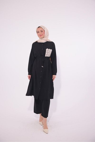 PALME D'OR Women's Lace Detailed Long Shirt Pants Ethnic Two-Piece Hijab Suit