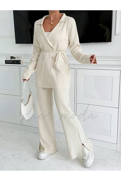 Dier Moda Women's Corded Double Breasted Collar Buttoned Knitwear Set with Slits at the Legs