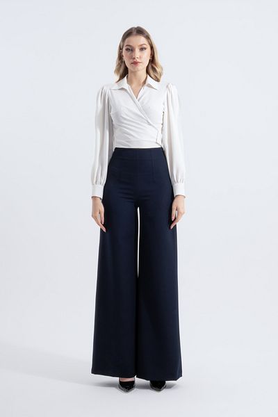 HOX'S Audrey Lace Garnished High Waist Recovery Palazzo Trousers - Navy Blue