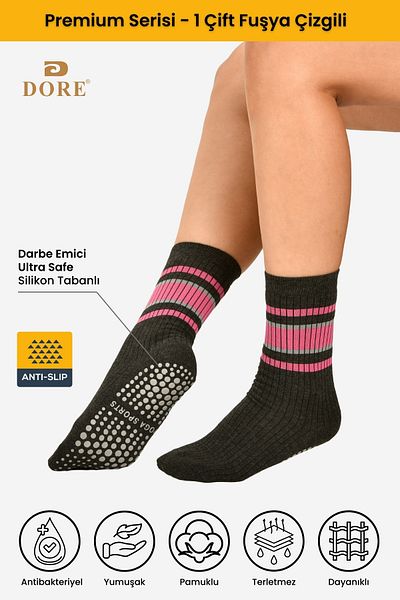 Dore Fuchsia Women's Pilates and Yoga Socks - 1 Pair Anti-Slip, Anti-Slip Sole Plates