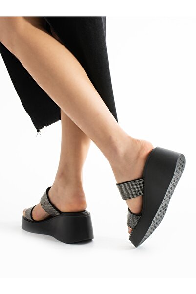 Alemdar Shoes Si̇lva Black Stone Detailed Platform Women's Slippers