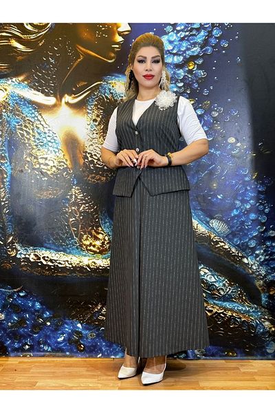 Yeşilmoda Suit T-Shirt Vest and Skirt Crepe Striped Fabric High Quality Casual Floral Striped Fabric Grey Color