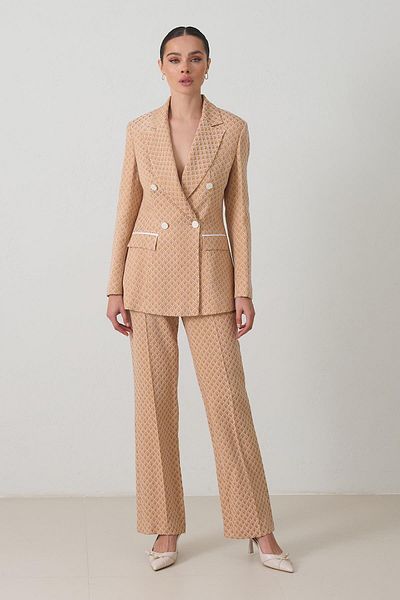 Setre Beige Asymmetrical Closure Button Detailed Jacket, Waist and Pocket Detailed Pants Patterned Set