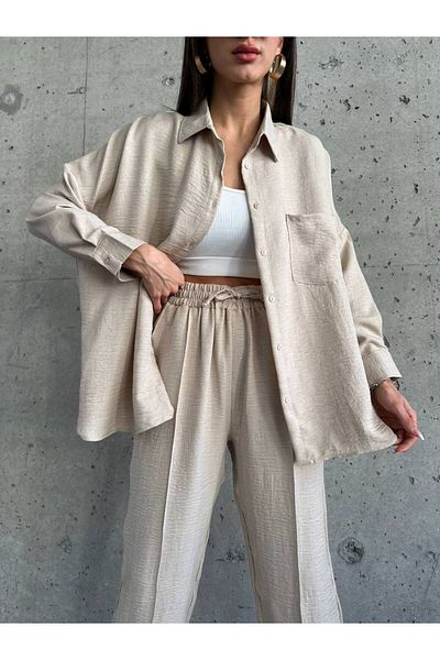 buqre's moda Women's Double Linen Shirt Pants Bottom Top Set