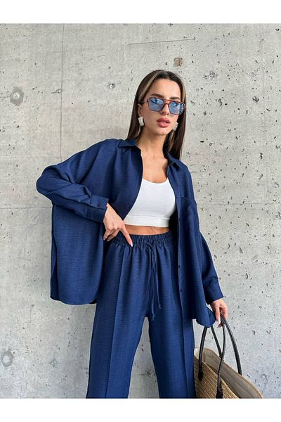 buqre's moda Women's Double Linen Shirt Pants Bottom Top Set