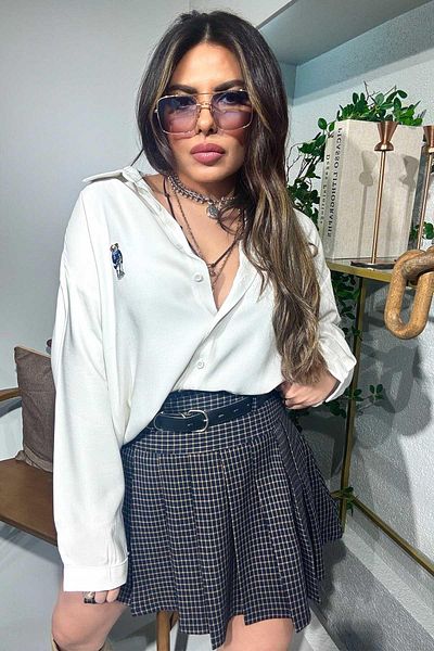 Sohotique By P Плисирана пола с колан и карирани къси панталони, камилово-тъмносиньо