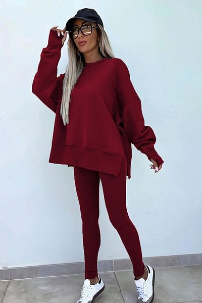 Know Set de pantaloni de trening pentru damă, roșu Claret, cu decolteu rotund, cu pantaloni de trening