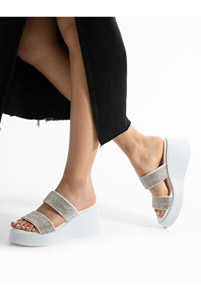 Alemdar Shoes Si̇lva White Stone Detailed Platform Women's Slippers