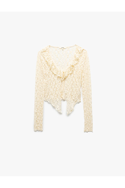 Koton Front Tie Detail See-Through Long Sleeve V-Neck Ruffle Lace Blouse