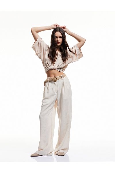 Koton Belt Detailed Pleated Pocket Wide Leg Trousers