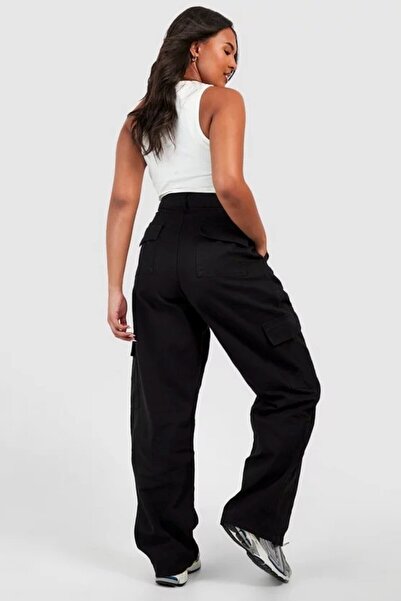Şans Women's Plus Size Black High Waist, Washed Gabardine Fabric, Cargo Pants 65N38743