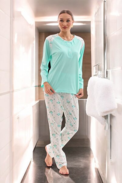 KozaLüks Women's Modal Tire Fabric Long Sleeve Patterned Pajama Set