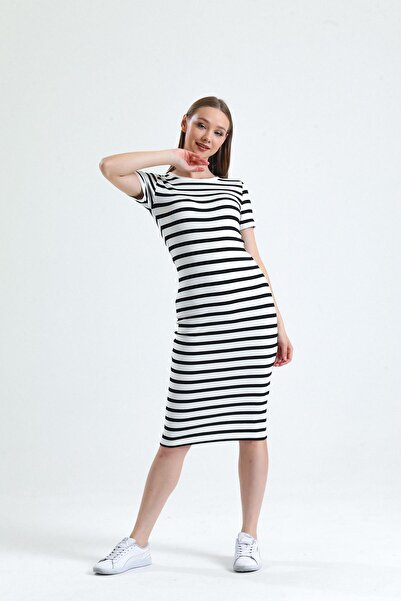 Miss Murem Black Ecru Crew Neck Dress