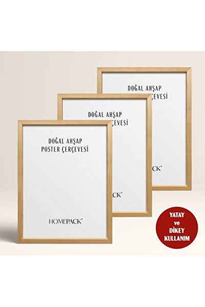 HOMEPACK Üç Parça Doğal Ahşap Çerçeveli Poster Çerçevesi, Önü Korumalı Boş Çe...