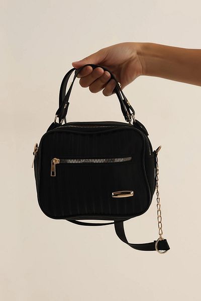 FHD BAGS Aspect negru din satin, cu un singur compartiment, curea de umăr neagră, geantă de zi și de seară