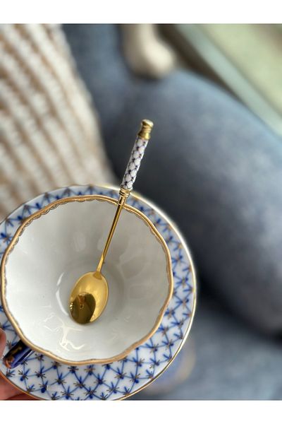 Imperial Porselen ملعقة صغيرة بنمط شبكي مذهّب باللون الأزرق الذهبي من الكوبالت الروسية لومونوسوف