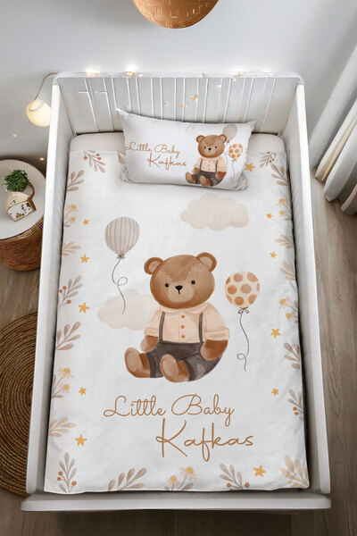 Homamia İsme Özel %100 Pamuk Bebek Nevresim Takımı Balonlu Ayı