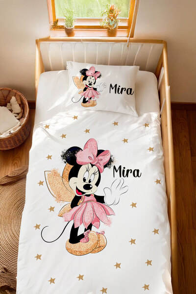 Homamia İsme Özel %100 Pamuk 100x200 Montessori Nevresim Takımı Minnie Mouse