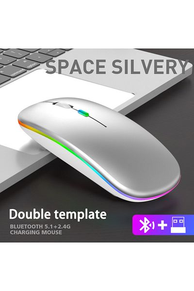 Choice ماوس لاسلكي فضي قابل لإعادة الشحن مع USB 2.4 جيجا هرتز RGB 1600 نقطة في البوصة للكمبيوتر المحمول