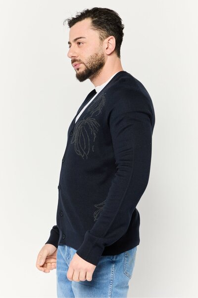 Perry Ellis Men V-Neck Long Sleeve Printed Cardigan, Navy