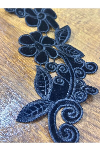 Gönülden Tasarım Black Flowers Embroidered Velvet Coat Sewing Applique 35X9 cm