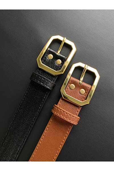 LİA KEMER Pachet de 2 curele cu cataramă aurie cu cusături pătrate Curea de t...