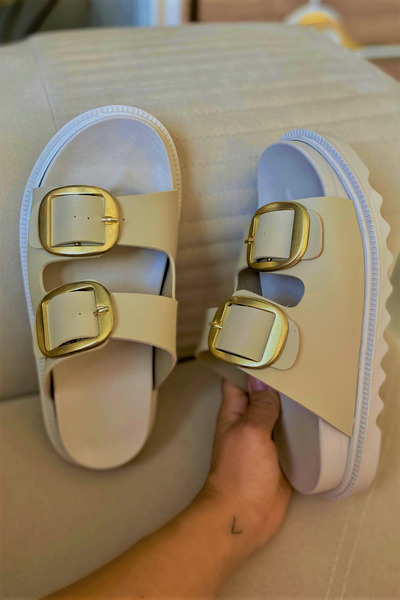 BZC AYAKKABI Beige Skin Gold Buckle Comfortable Sole Slippers