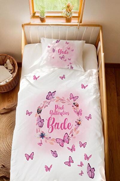 Homamia İsme Özel %100 Pamuk 100x200 Montessori Nevresim Takımı Kelebekler