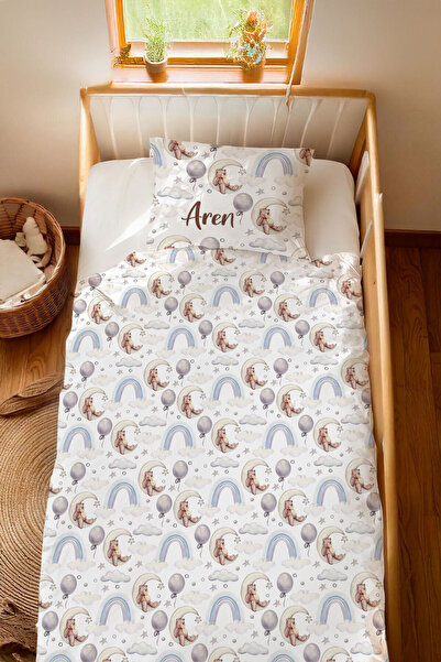 Homamia İsme Özel %100 Pamuk 100x200 Montessori Nevresim Takımı Aydaki Ayı