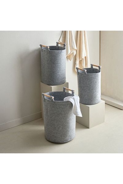 Home Box Fiona 3-Piece Felt Laundry Hamper with Wooden Handle Set