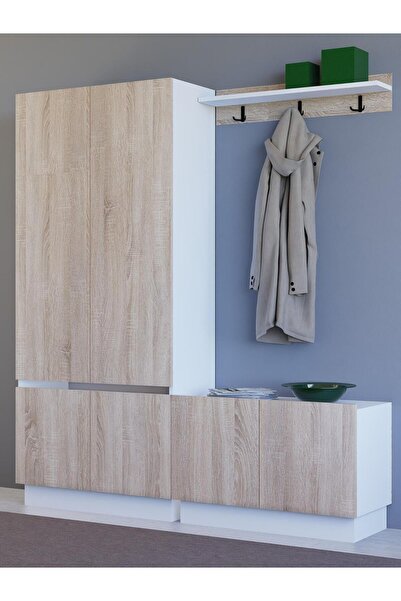 Detamob Lora Geniş Portmanto - Vestiyer, %100 Mdf, Beyaz & Karbon Gri