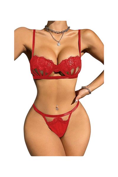Jewel Red Sexy Lace See-Through Fancy Bra and String Set - Alluring and Stylish Lingerie Set