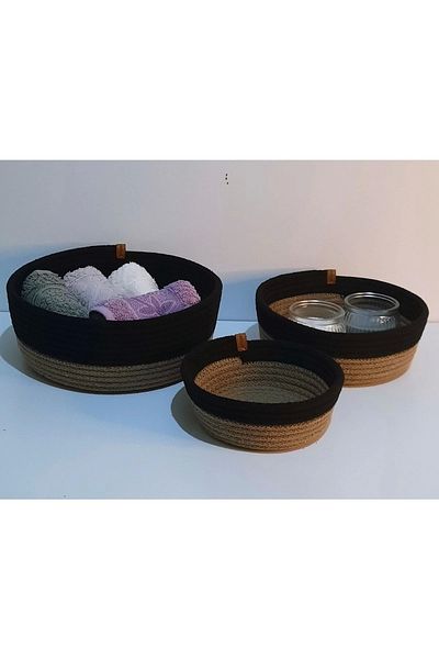 Hediyeninellitonu Organizer Wicker Basket Jute and Black Colored Set of 3